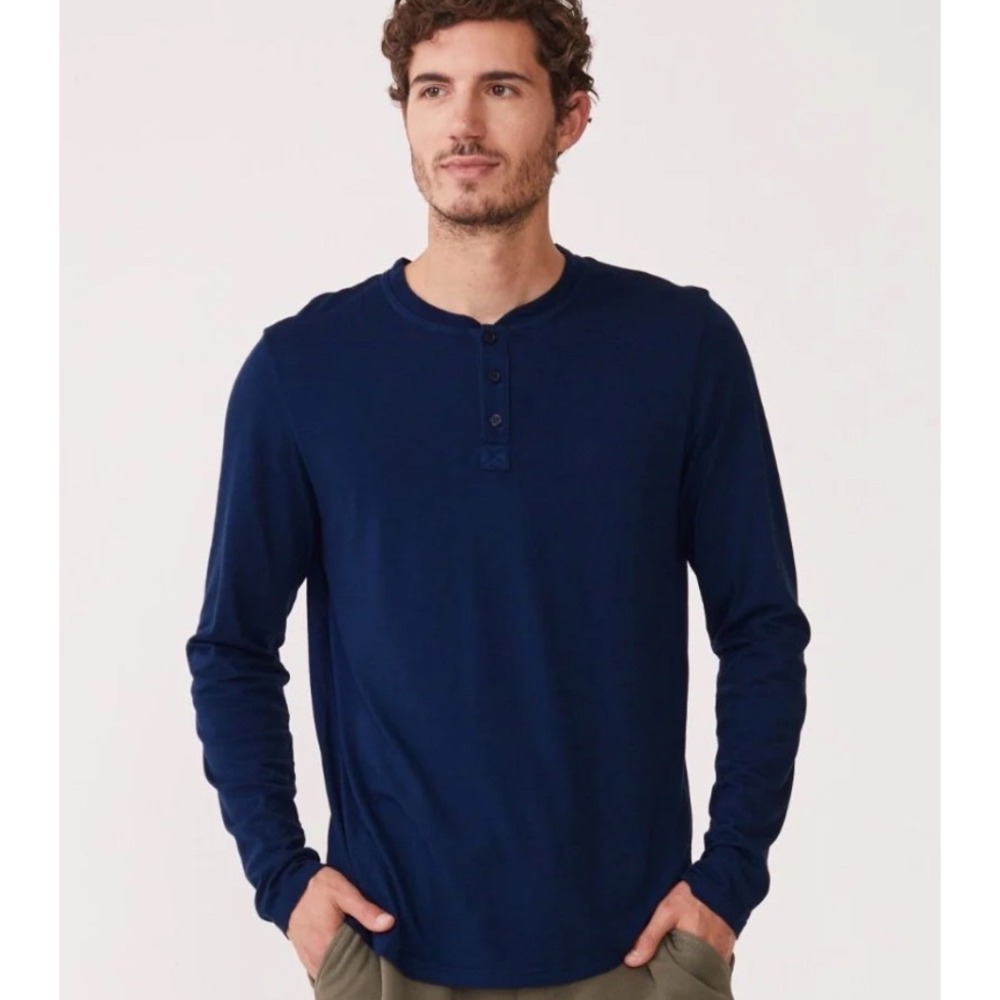 Monrow Mens Blue Waffle Knit Long Sleeve Henley Shirt Size Small Made‎ in USA